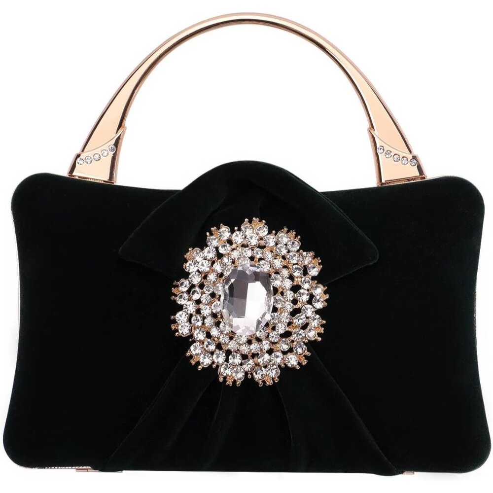 ⚡Women's Velvet Black Crystal Flower Closure Rhinestone Embellished Clutch Bag